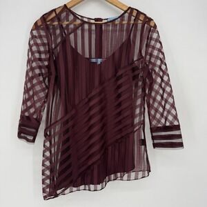 Antonio Melani Sheer Mesh Top Burgundy Striped With Cami 3/4 Sleeve Size Small‎